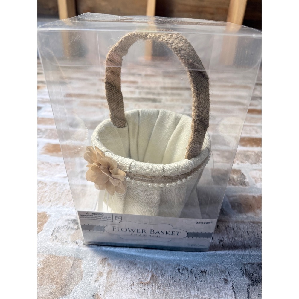 Amscan Burlap and Lace Flower Girl Basket Cream with Faux Pearls and‎ Flower